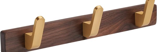 Wall Mounted Coat Rack, Entryway Hanging Coat Rack, Metal Wood Coat Rail with 3 Rustic Hooks Rail for Coat, Scarf, Bag, Towel, Key, Cap, Hat, Walnut Gold Matt