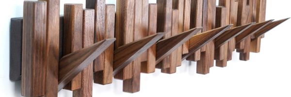 Wooden Coat Rack Wall Mounted Sticks Multi Rack Solid Handmade Natural Walnut Wood Artwork with 7 Flip-Down Unique Modern Hooks for Coats Bag Hat Umbrella